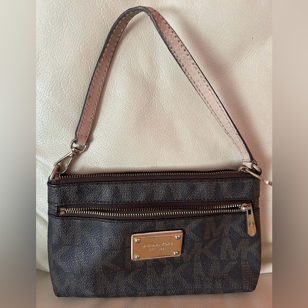 Michael Kors Mini Bag Wristlet Top Handle Jet Set Wallet Zipper Brown Logo 8inch